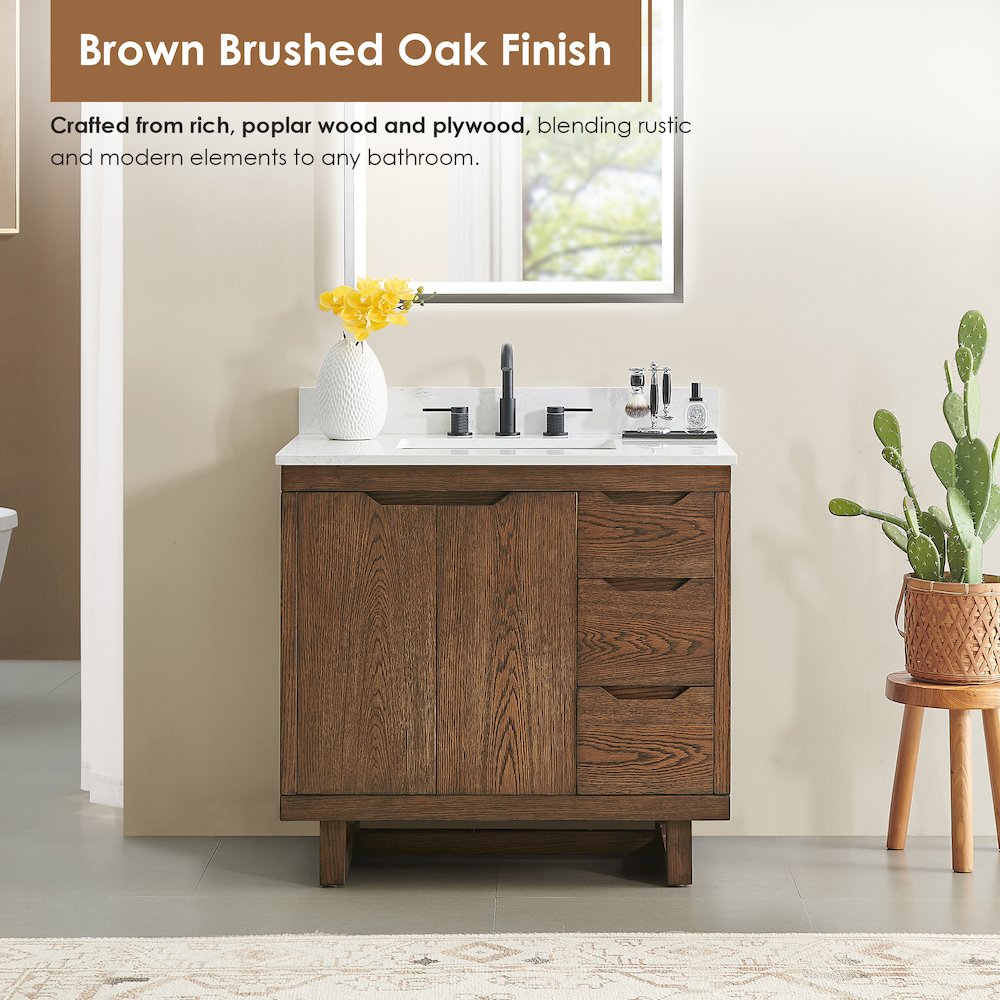 36" Single Bathroom Vanity in Brown Brushed Oak with Grain White. Picture 9
