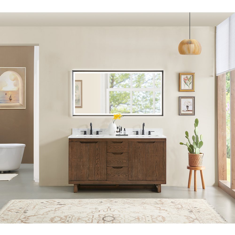 60" Double Bathroom Vanity in Brown Brushed Oak with Grain White. Picture 13