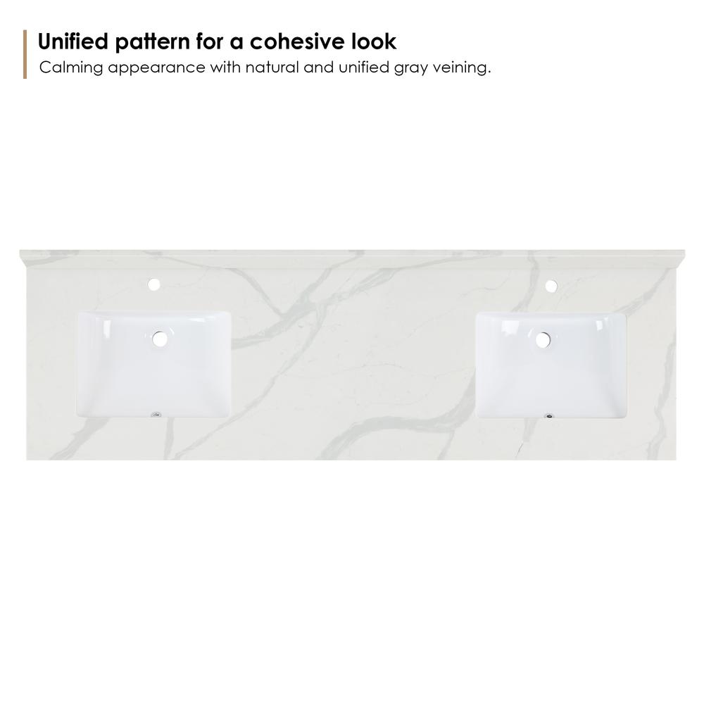 Arbios 72. in Quartz Stone Vanity Top in Calacatta White with White Sink. Picture 3