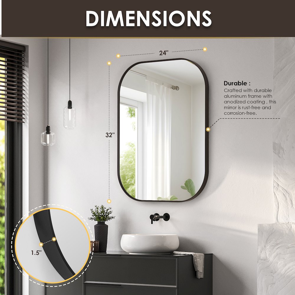 24x32" Rectangular Aluminum Framed in Matte Black Modern Bathroom Wall Mirror. Picture 12