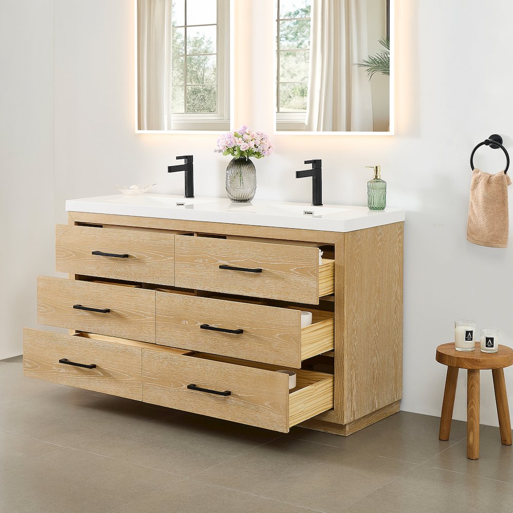 60" Double Bathroom Vanity in White Oak with White Artificial Drop-in Sink. Picture 4