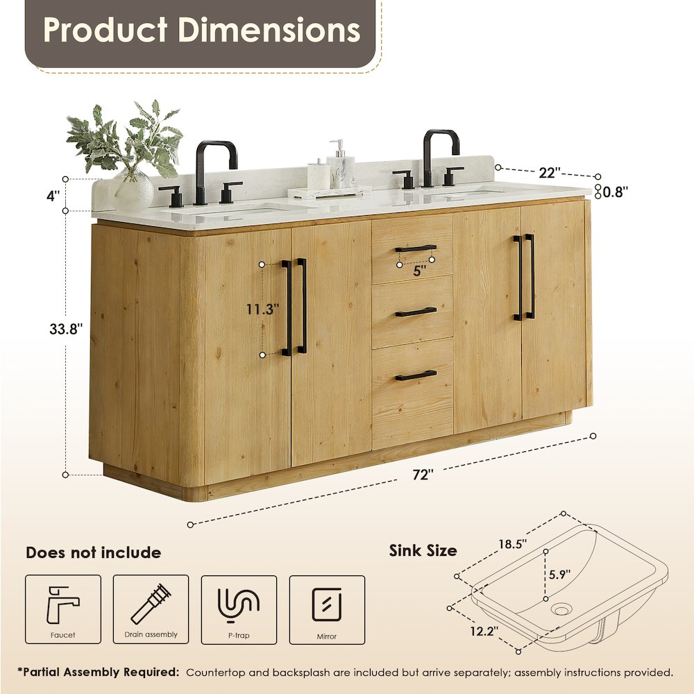 72" Double Bathroom Vanity in Nature Brown with Grain White. Picture 11