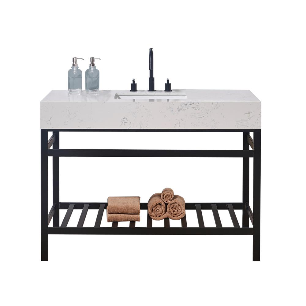 48. in Composite Stone Vanity Top in Aosta White Apron with White Sink. Picture 4