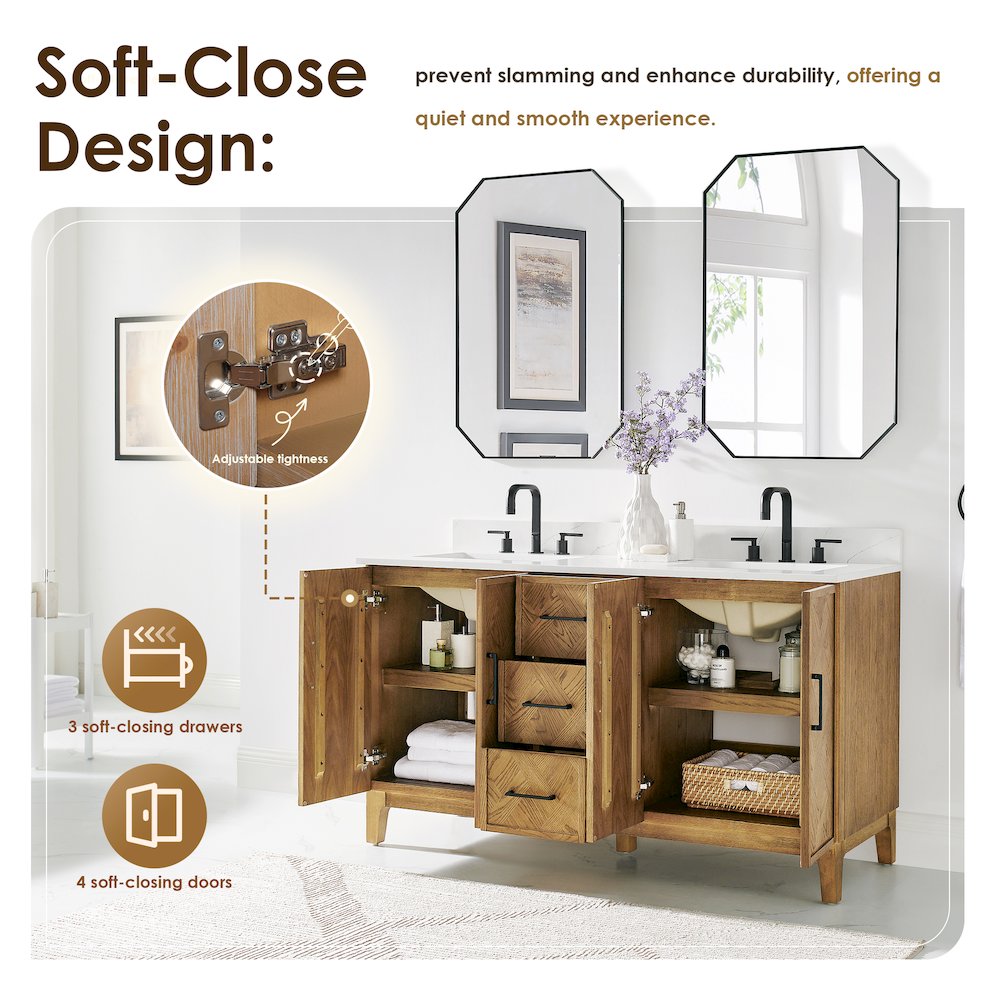 Clara 60" Double Bathroom Vanity in Weathered Brown. Picture 10