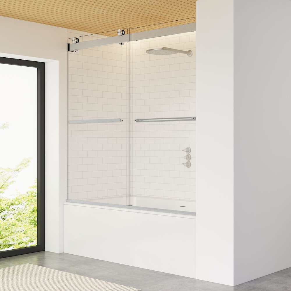 By Pass Frameless Tub Door in Brushed Nickel with Clear Glass. Picture 5