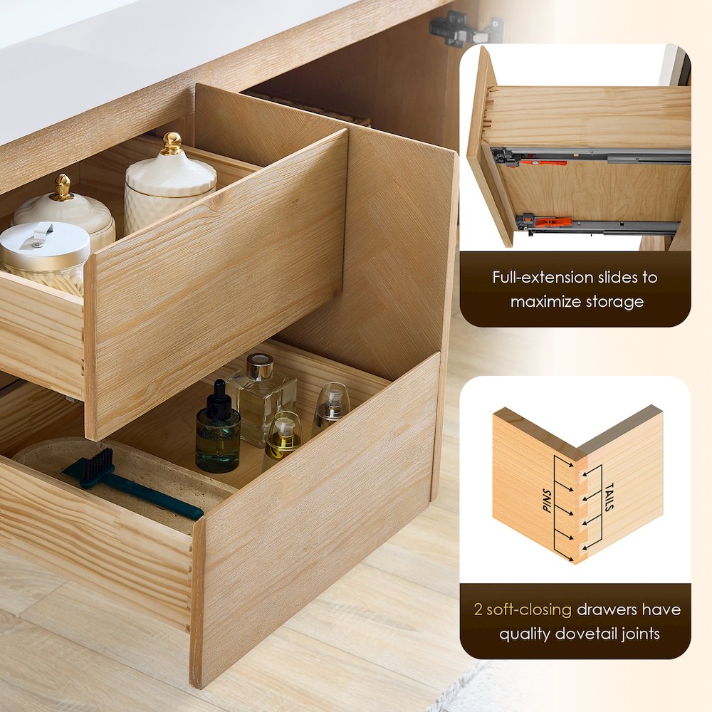 Double Bathroom Vanity in Light Brown White Artificial Drop-in Sink. Picture 10