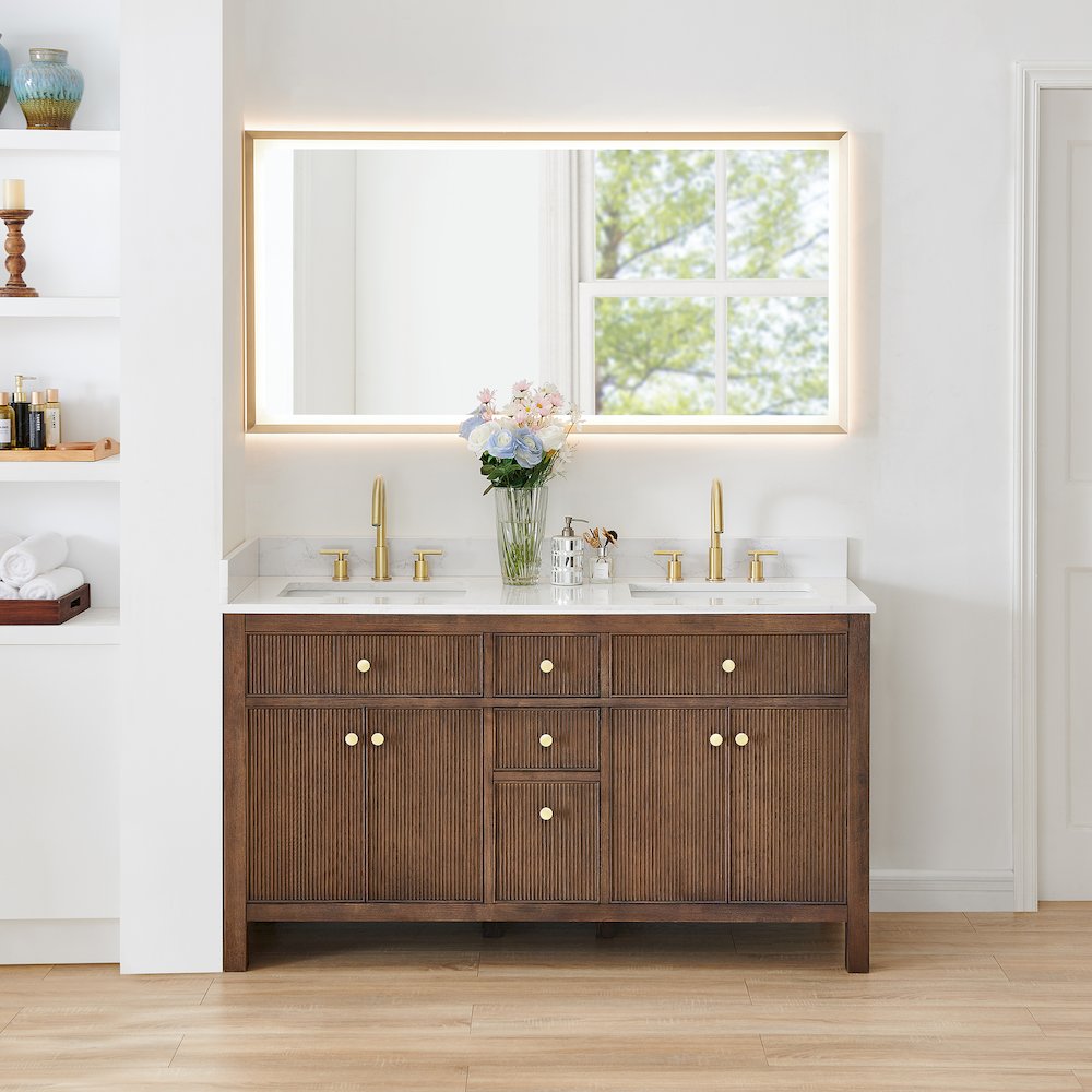 Double Bathroom Vanity in Brown Oak Grain White Engineered Stone Countertop. Picture 2