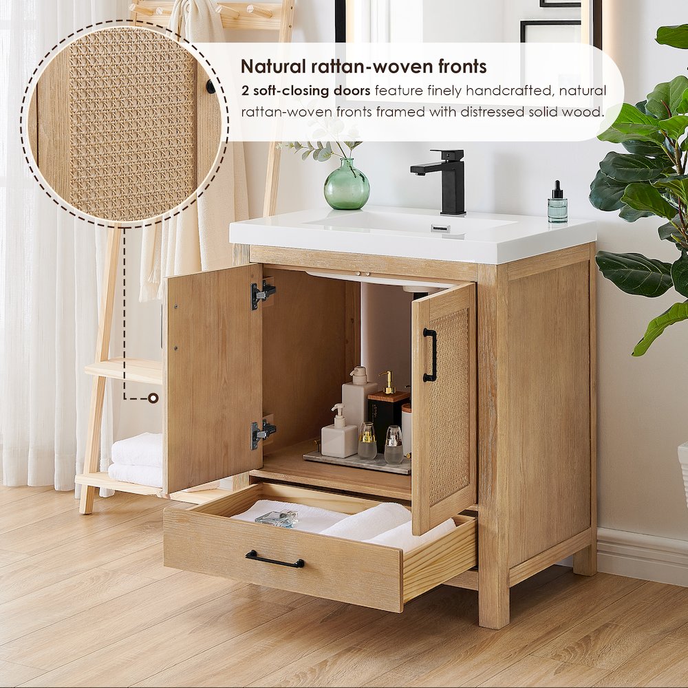 Single Bathroom Vanity in Light Brown White Artificial Drop-in Sink. Picture 8