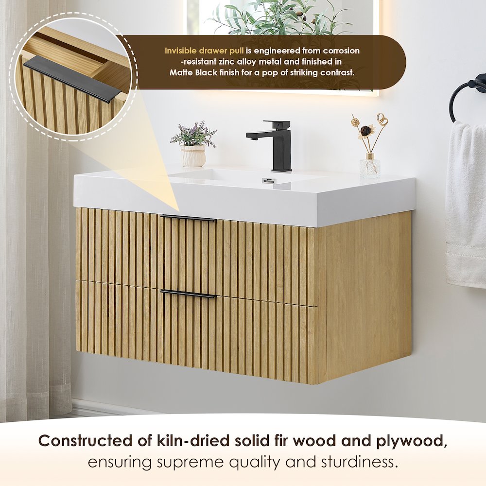 Single Bathroom Vanity in Nature Brown White Artificial Drop-in Sink. Picture 5