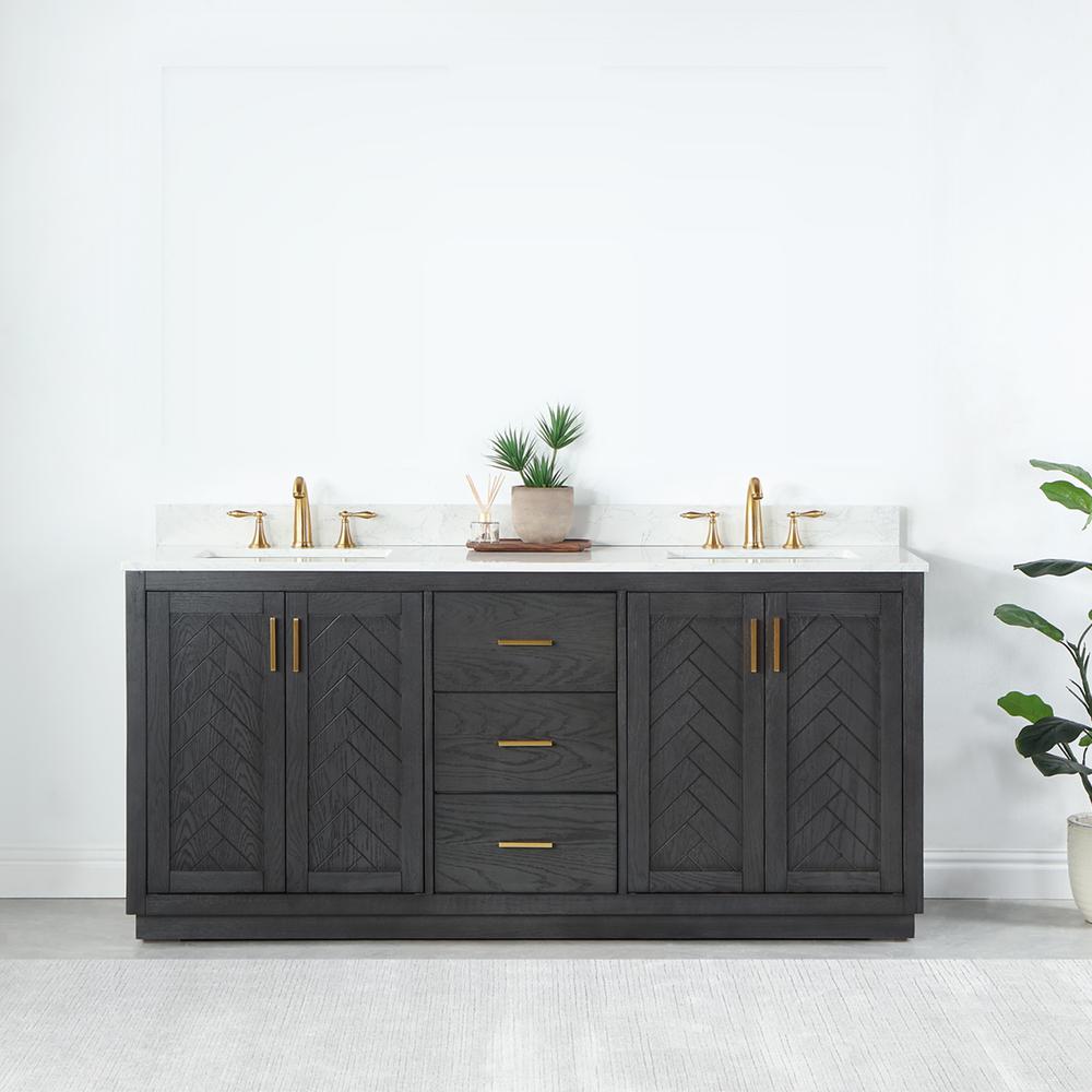 72" Double Bathroom Vanity Set in Brown Oak without Mirror. Picture 3