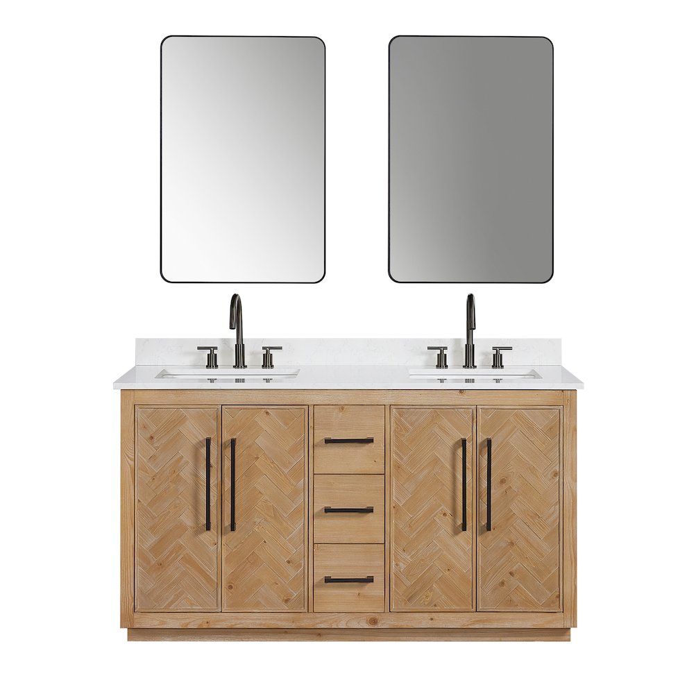 60" Double Bathroom Vanity with Grain White Engineered Stone Countertop. Picture 1