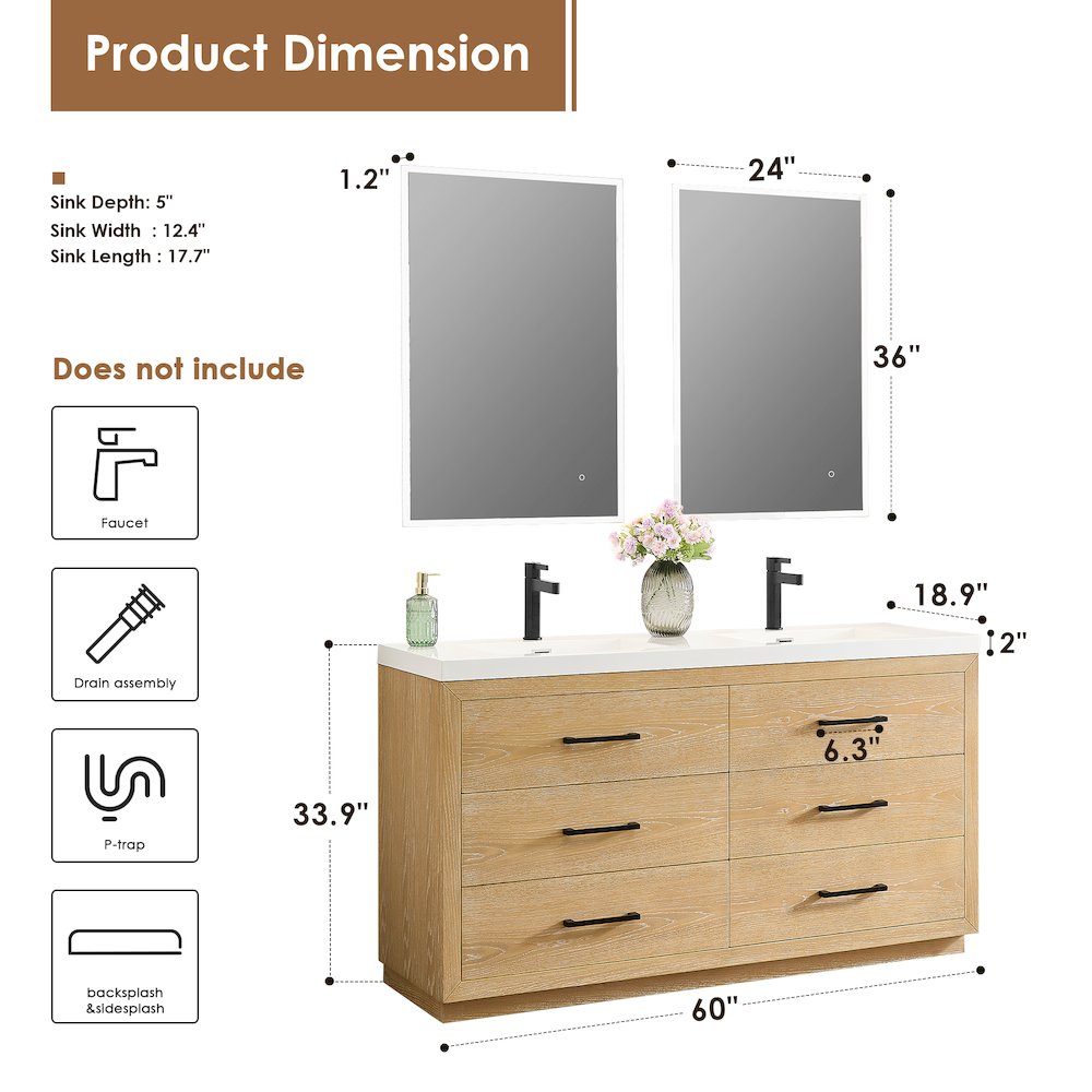 60" Double Bathroom Vanity in White Oak with White Artificial Drop-in Sink. Picture 12