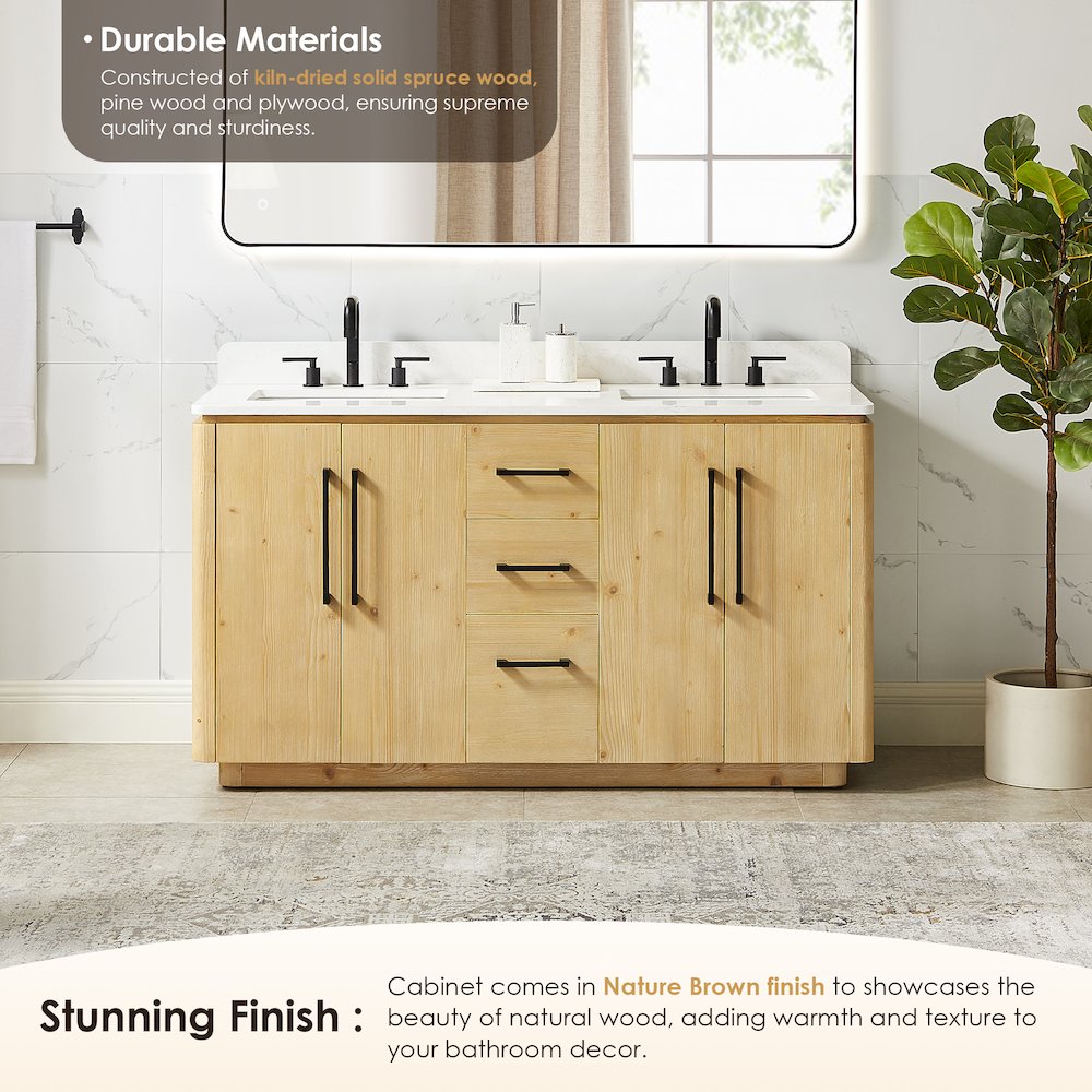 60" Double Bathroom Vanity in Nature Brown with Grain White. Picture 5