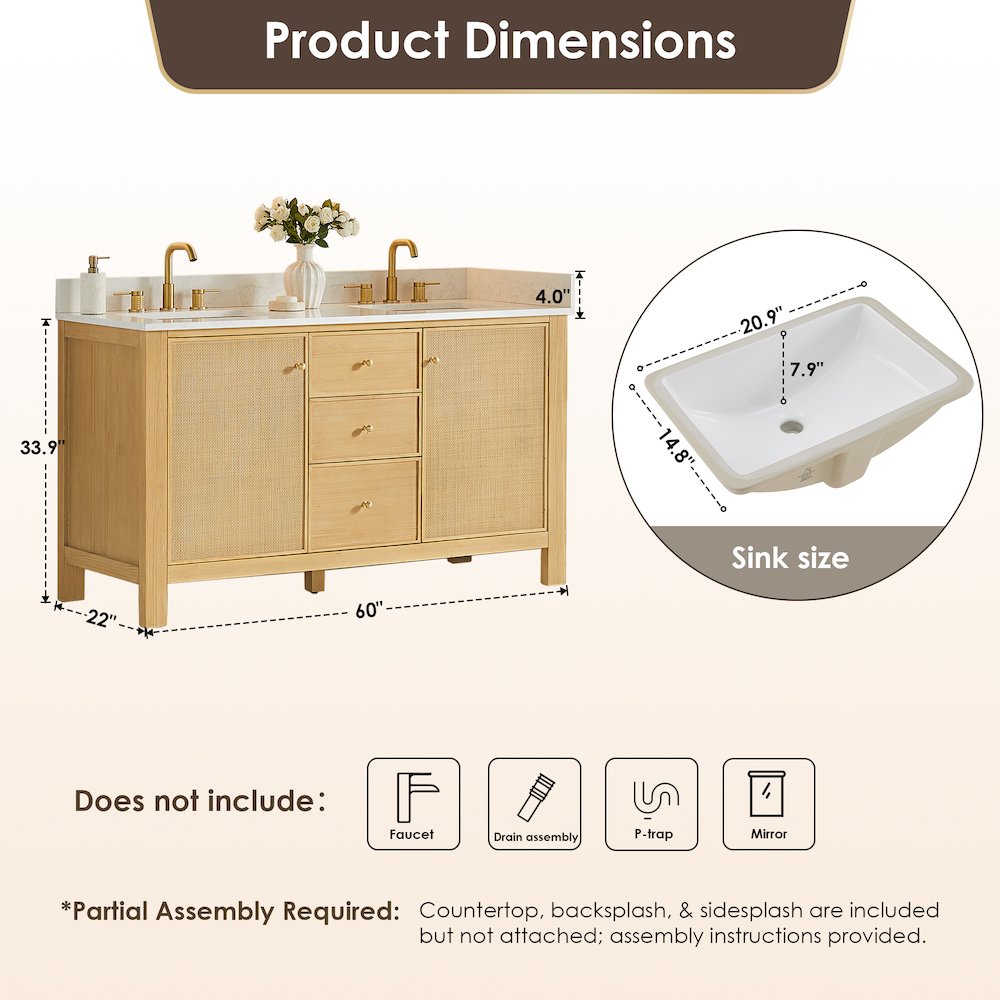 Cedar 60" Double Bathroom Vanity in Natural Wood. Picture 13