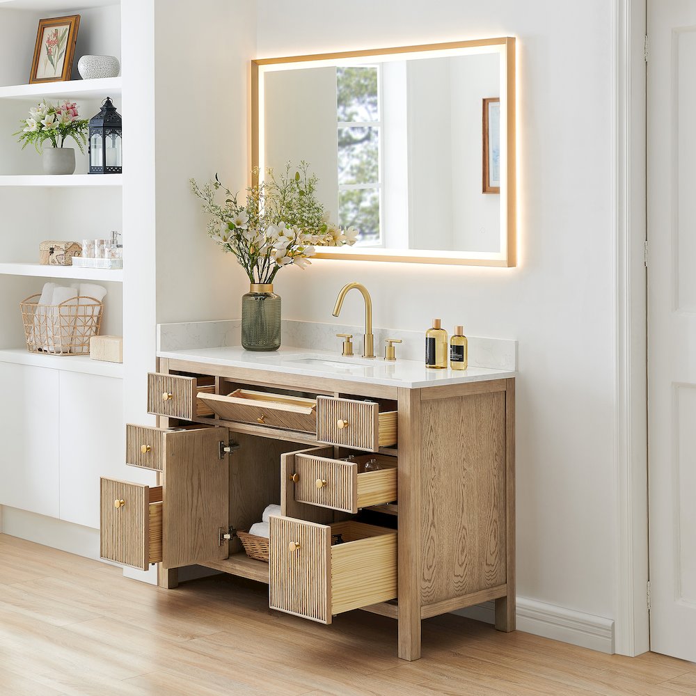 Single Bathroom Vanity in Nature Oak Grain White Engineered Stone Countertop. Picture 4