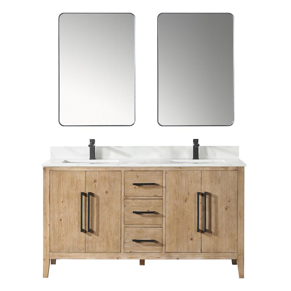 Double Bathroom Vanity in Weathered Fir with Stone Countertop with Mirror. Picture 1