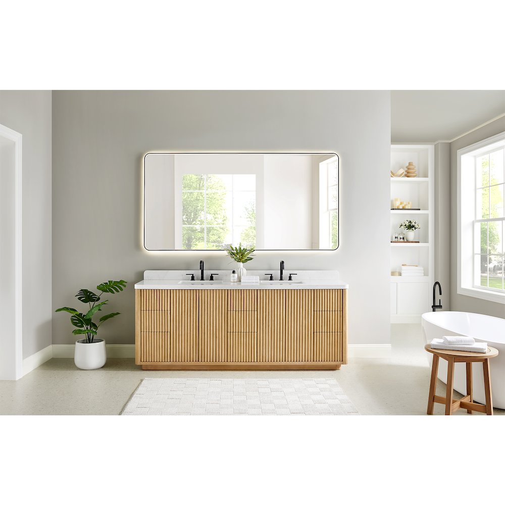 84" Double Bathroom Vanity in Washed Light Brown with Grain White. Picture 14