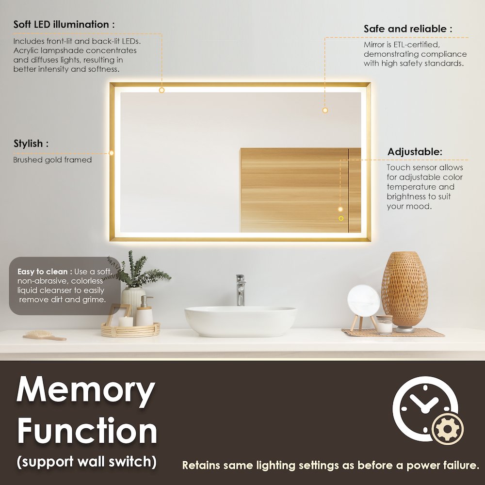 48"x30" Rectangular Wall Mirror in Brushed Gold Aluminum Framed. Picture 12
