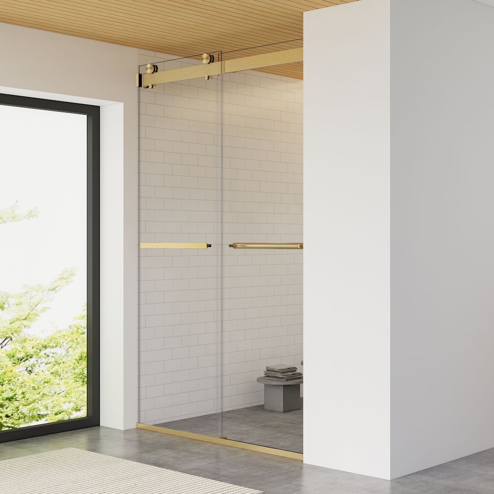 By Pass Frameless Shower Door in Brushed Gold with Clear Glass. Picture 4