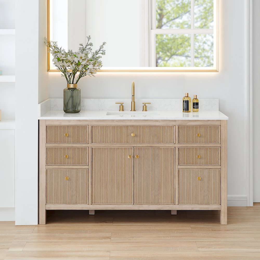 Single Bathroom Vanity in Nature Oak Grain White Engineered Stone Countertop. Picture 2