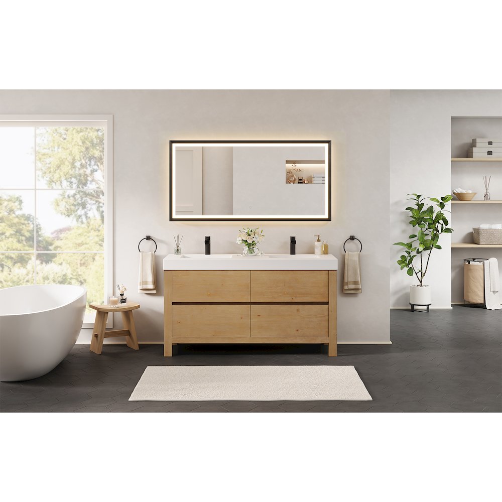 60" Double Bathroom Vanity in with White Artificial Stone Integrated Sink. Picture 13