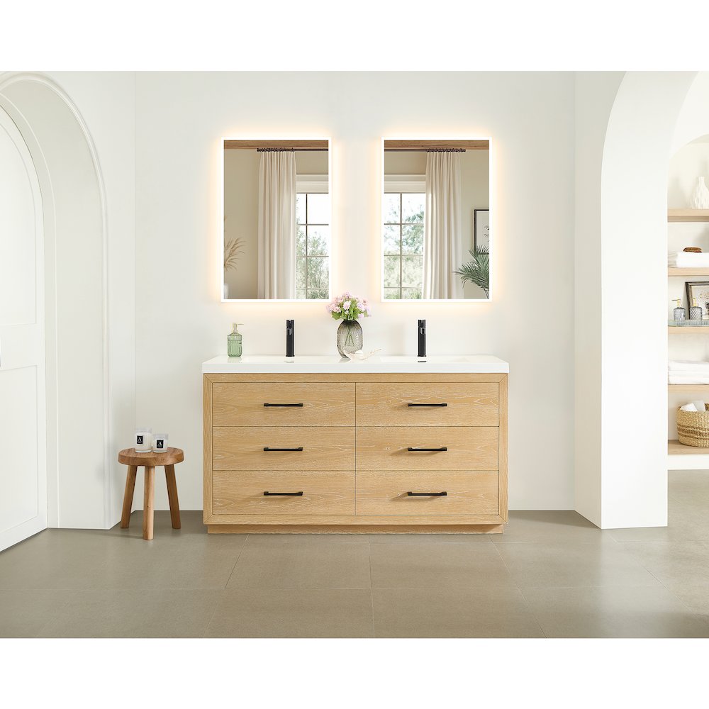 72" Double Bathroom Vanity in White Oak with White Artificial Drop-in Sink. Picture 13