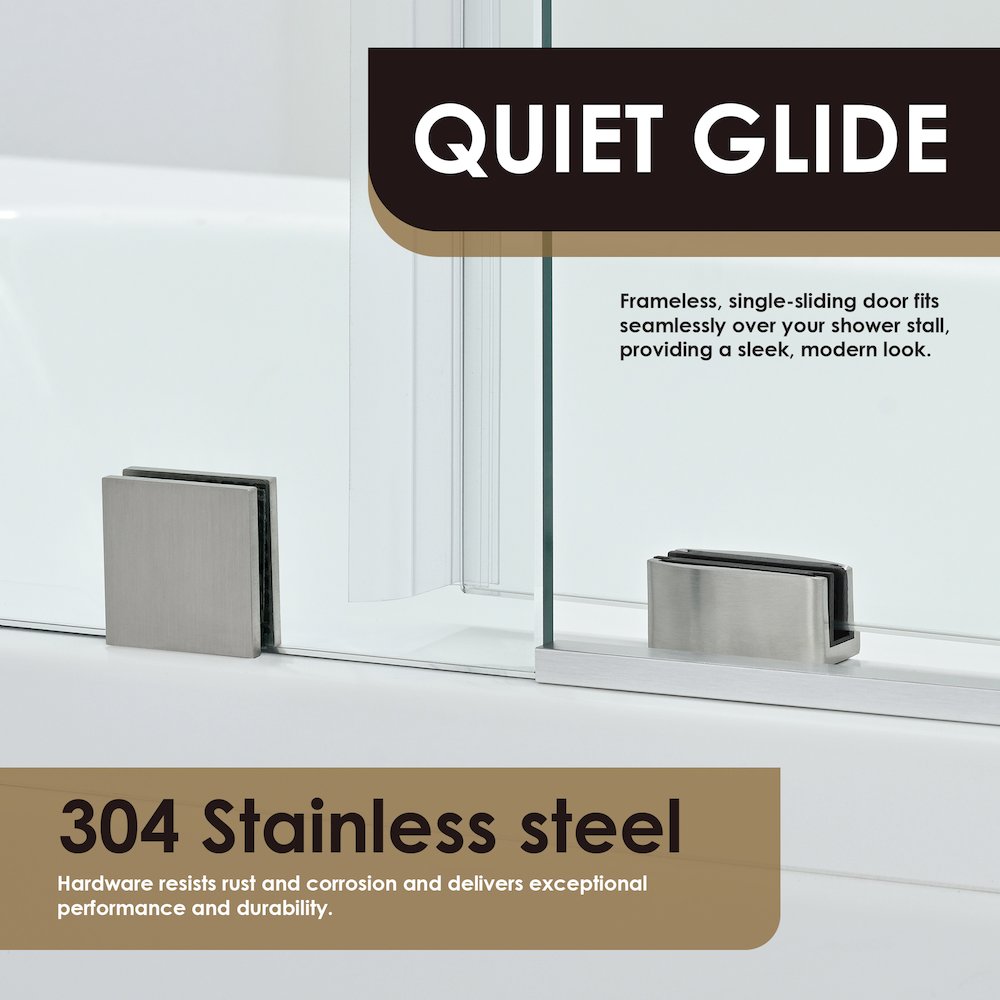 Single Sliding Frameless Tub Door in Brushed Nickel with Clear Glass. Picture 7
