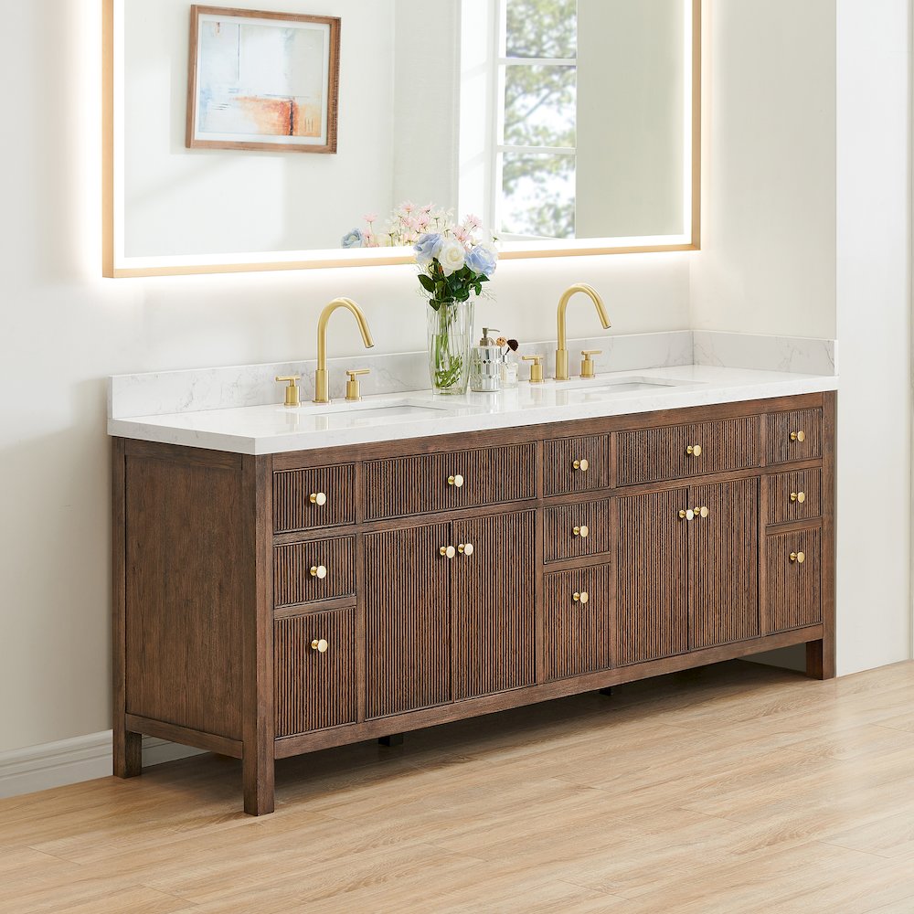 Double Bathroom Vanity in Brown Oak Grain White Engineered Stone Countertop. Picture 3