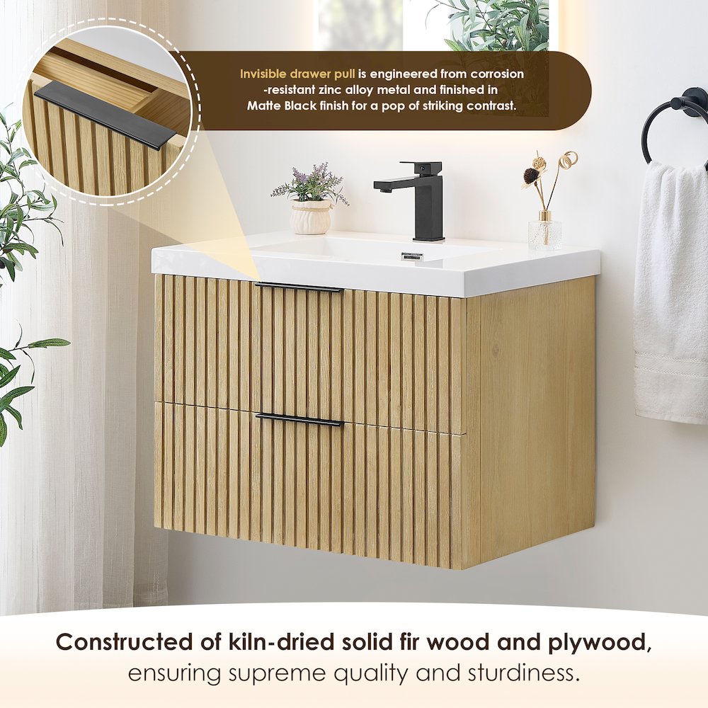 Single Bathroom Vanity in Nature Brown White Artificial Drop-in Sink. Picture 5