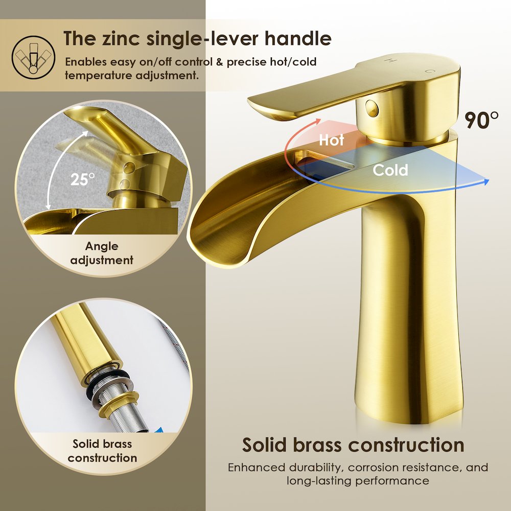 Single Hole Single-Handle Waterfall Bathroom Faucet in Brushed Gold. Picture 9