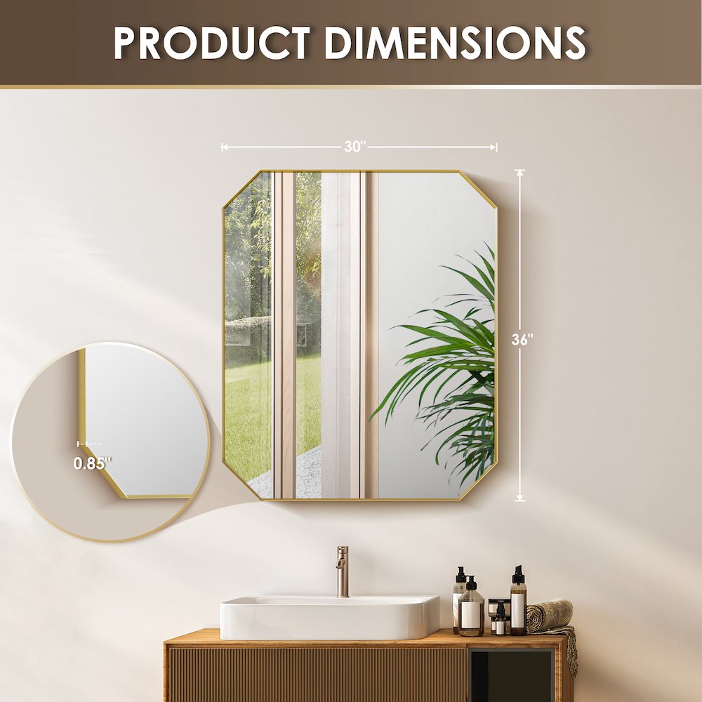 36"x30" Octagon Aluminum Framed in Brushed Gold Modern Bathroom Wall Mirror. Picture 14