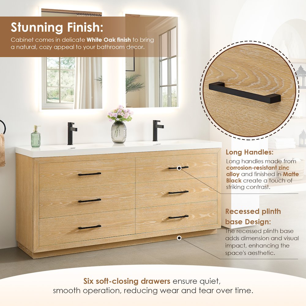 72" Double Bathroom Vanity in White Oak with White Artificial Drop-in Sink. Picture 9