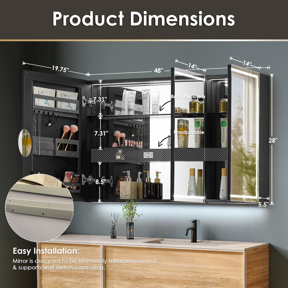 48"x28" Rectangular Frameless Surface-Mount Medicine Cabinet. Picture 16