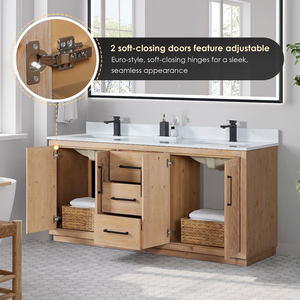 72" Double Bathroom Vanity with Grain White Countertop without Mirror. Picture 9