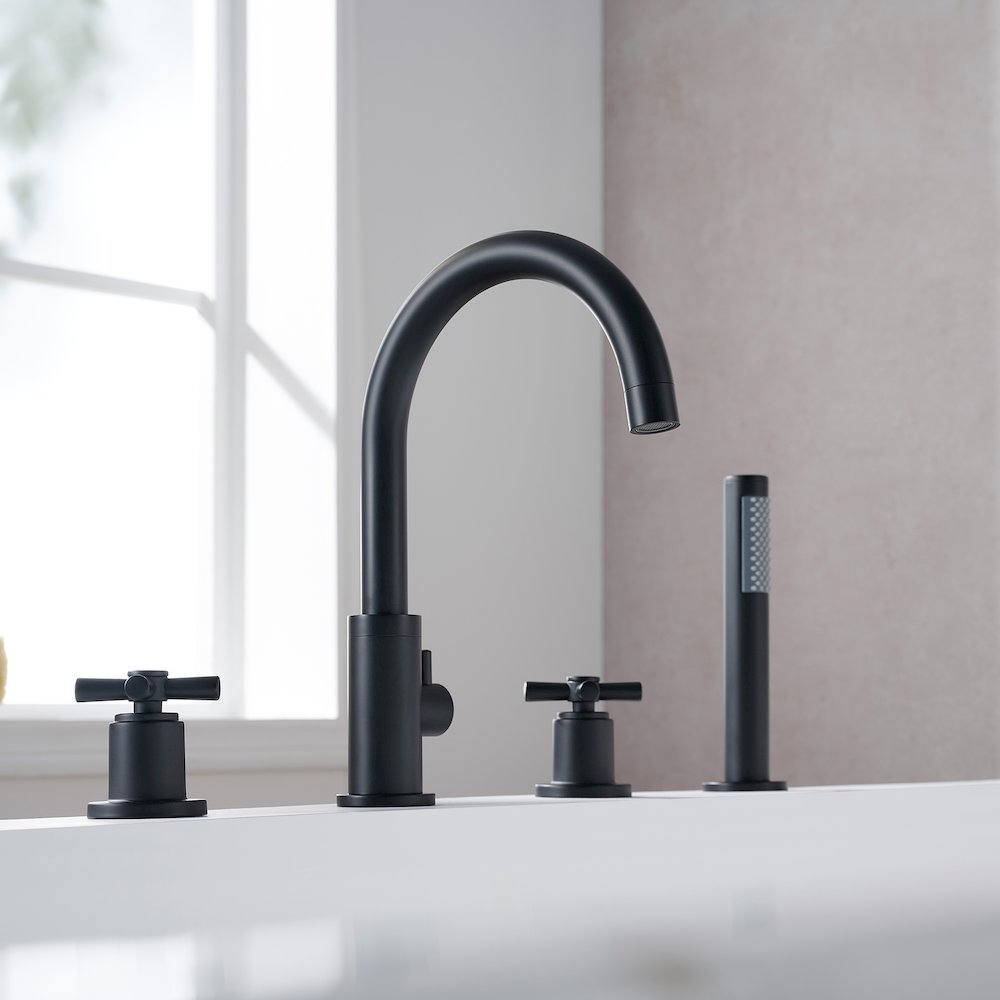 Cross Handles Deck-Mount Roman Tub Faucet in Matte Black with Handshower. Picture 6