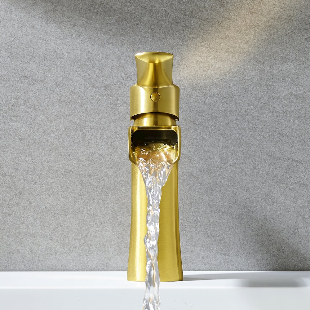 Single Hole Single-Handle Waterfall Bathroom Faucet in Brushed Gold. Picture 5