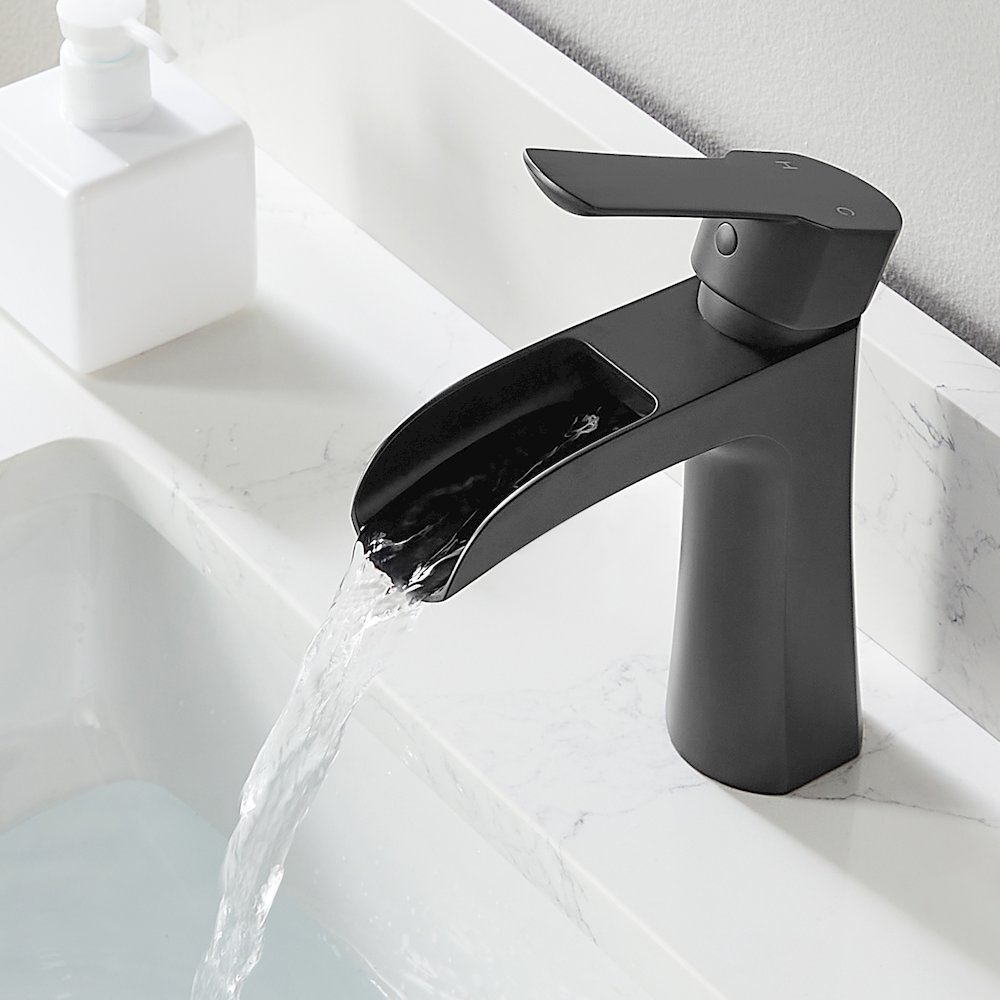 Single Hole Single-Handle Waterfall Bathroom Faucet in Matte Black. Picture 3