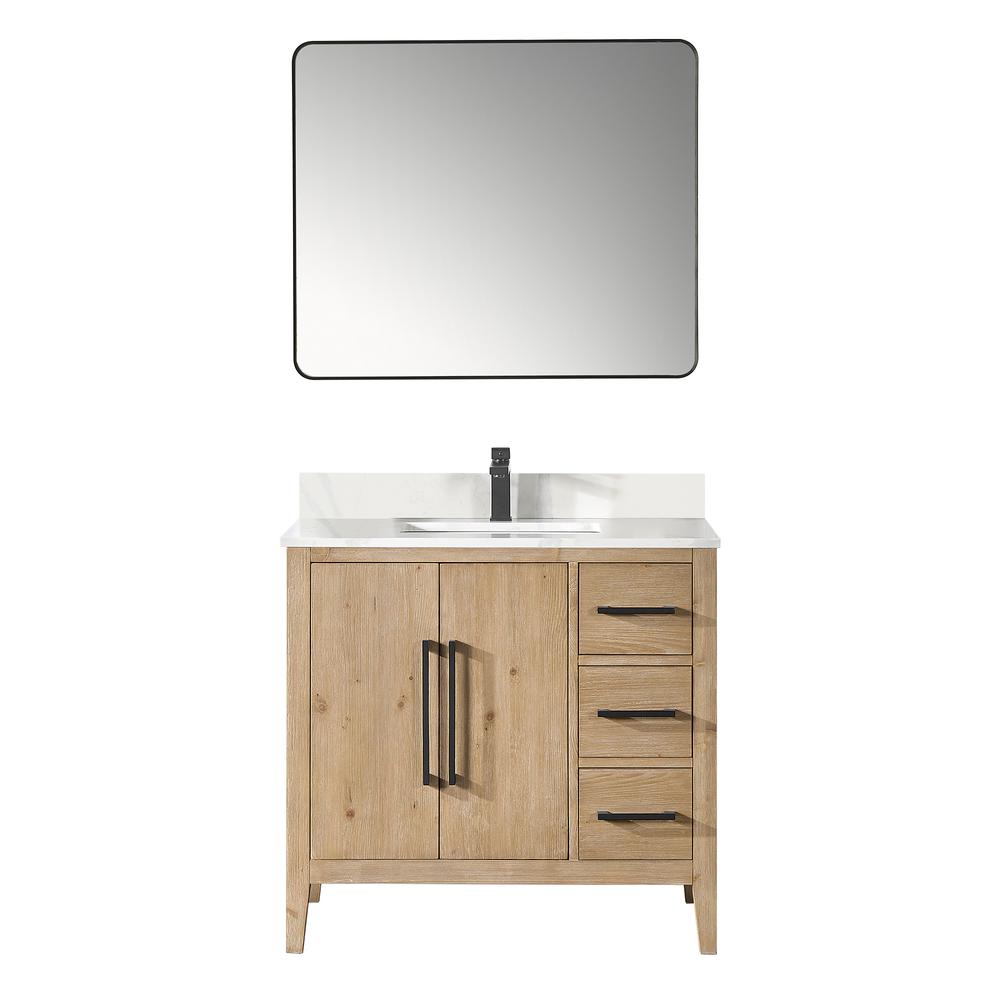 Single Bathroom Vanity in Weathered Fir with Stone Countertop with Mirror. Picture 1