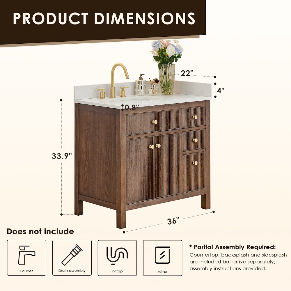 Single Bathroom Vanity in Brown Oak Grain White Engineered Stone Countertop. Picture 11