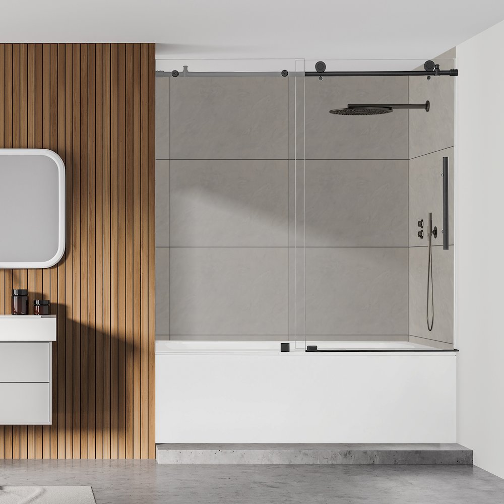 Single Sliding Frameless Tub Door in Matte Black with Clear Glass. Picture 5