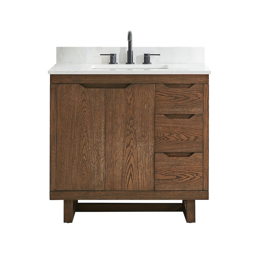 36" Single Bathroom Vanity in Brown Brushed Oak with Grain White. Picture 1