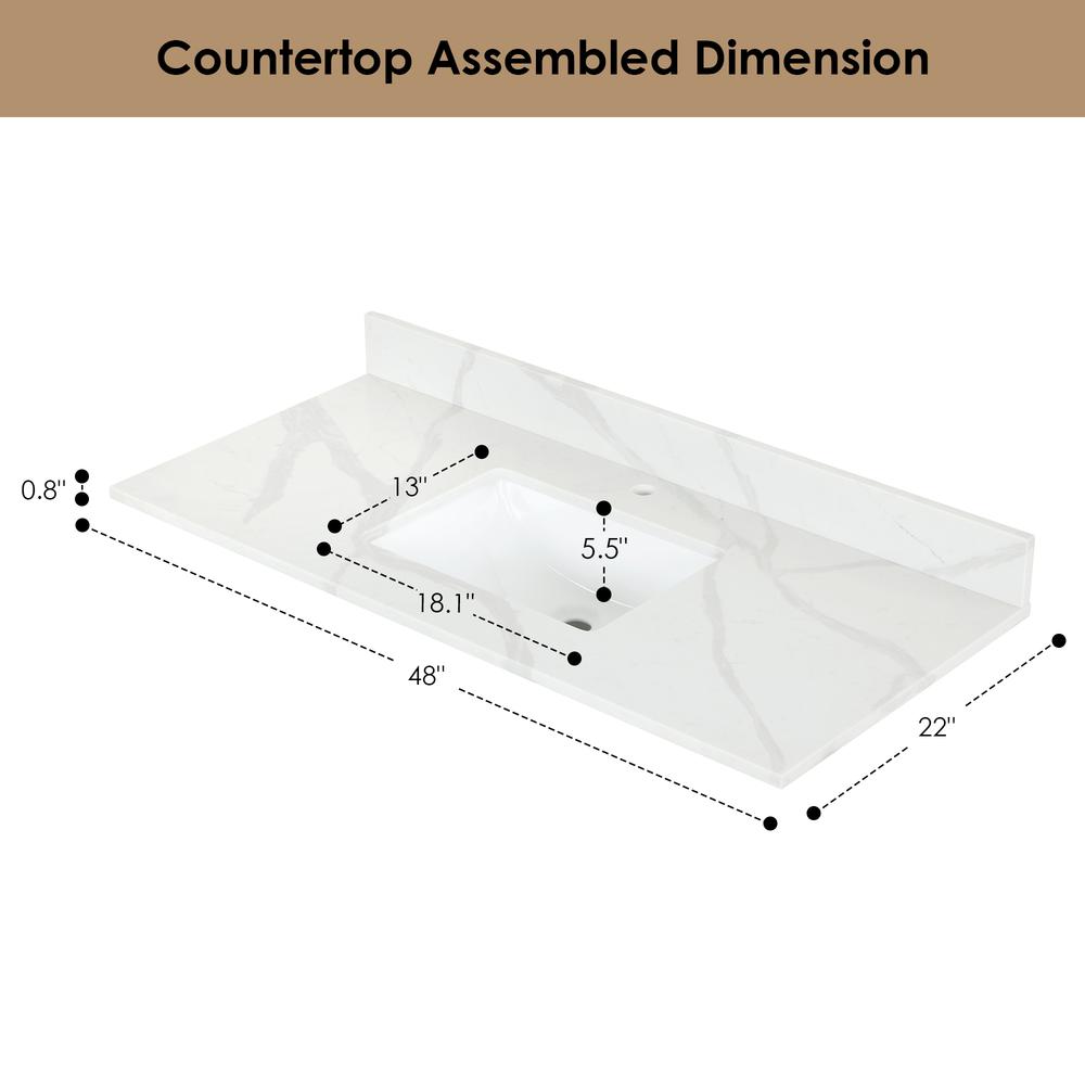 Arbios 48. in Quartz Stone Vanity Top in Calacatta White with White Sink. Picture 7