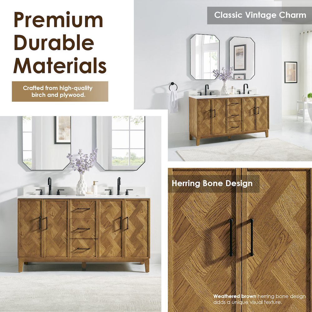 Clara 60" Double Bathroom Vanity in Weathered Brown. Picture 6