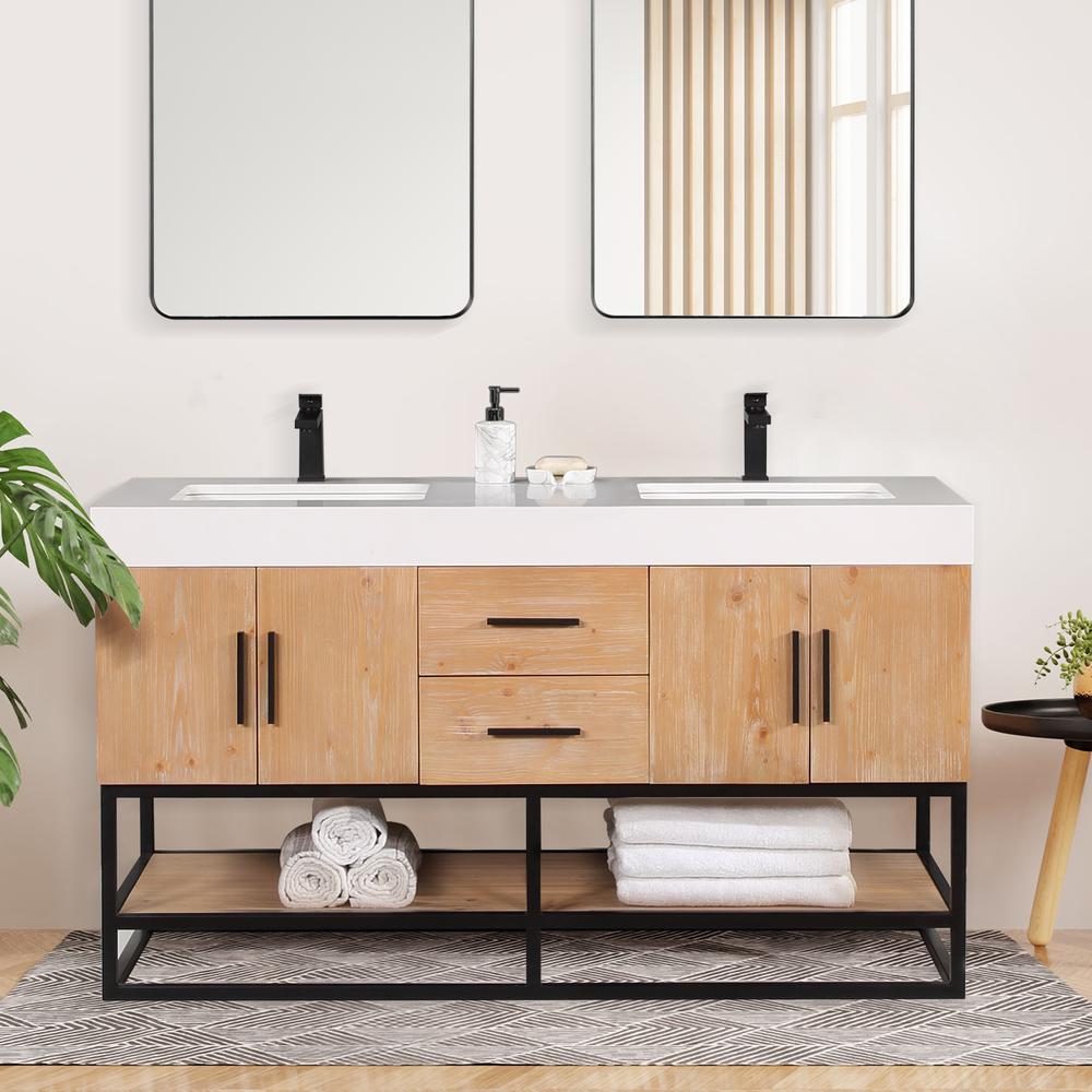 60" Double Bathroom Vanity in Light Brown awithout Mirror. Picture 11
