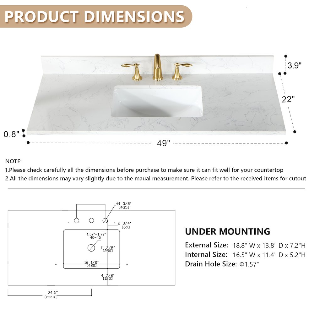 Ceres 49. in Engineered Stone Vanity Top in Grain White with Single White Sink. Picture 6