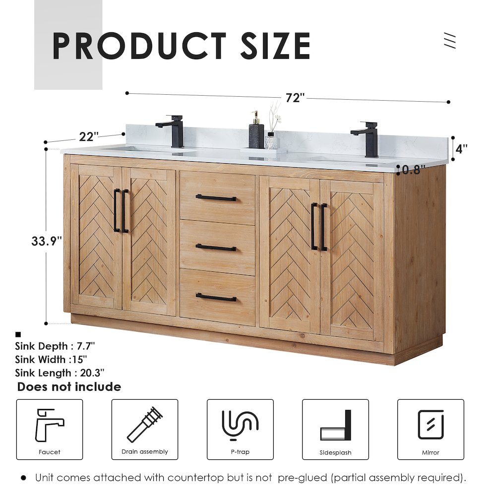 72" Double Bathroom Vanity with Grain White Countertop without Mirror. Picture 11