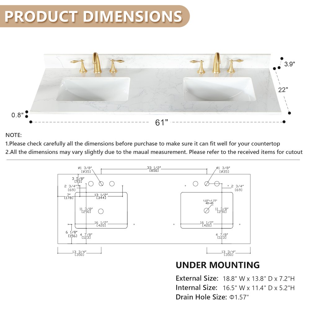 Ceres 61. in Engineered Stone Vanity Top in Grain White with Double White Sink. Picture 6