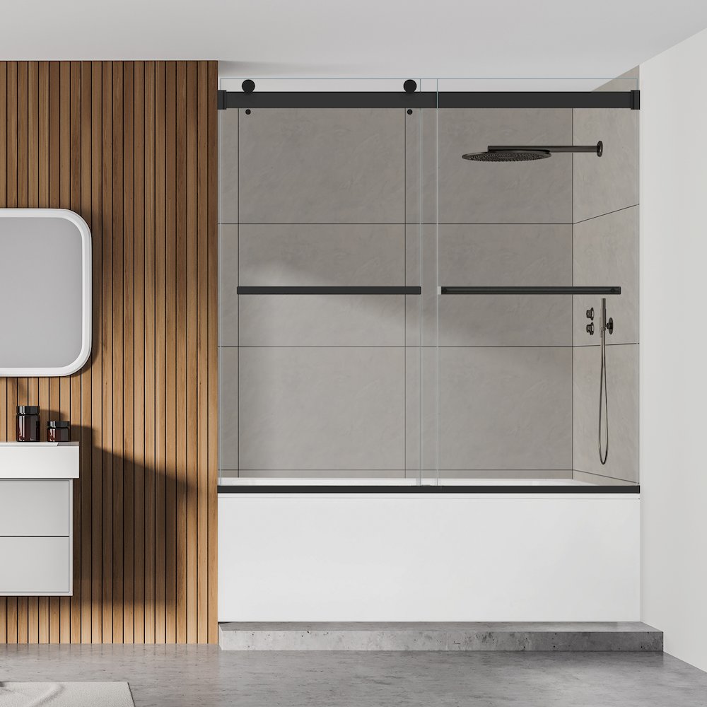 Marcelo 60" W x 58" H By Pass Frameless Tub Door in Matte Black with Clear Glass. Picture 7