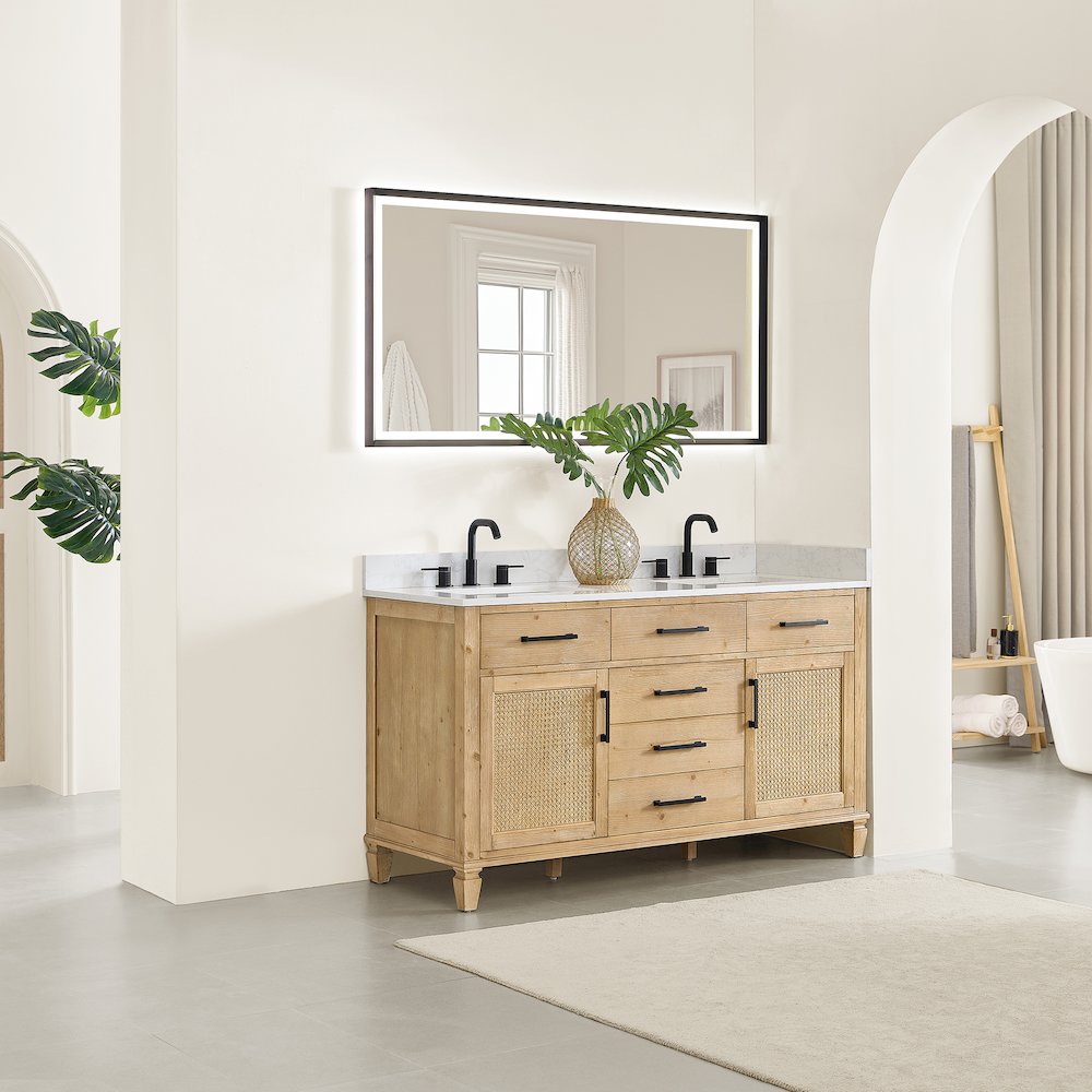 60" Double Bathroom Vanity in with Grain White Engineered Stone Countertop. Picture 13