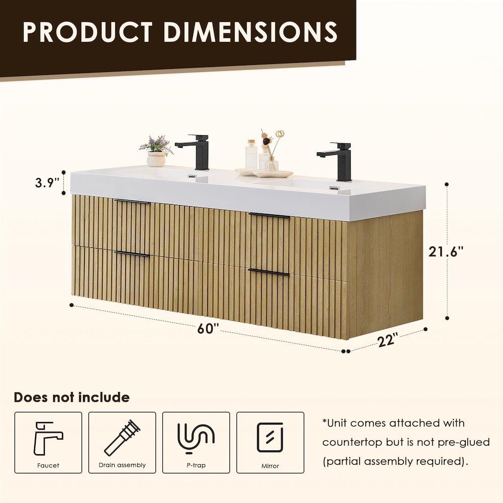 Double Bathroom Vanity in Nature Brown White Artificial Drop-in Sink. Picture 10